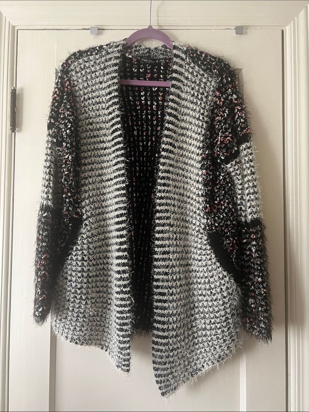 Open-Front Black pink and White Knit Cardigan swing Sweater w/pockets
